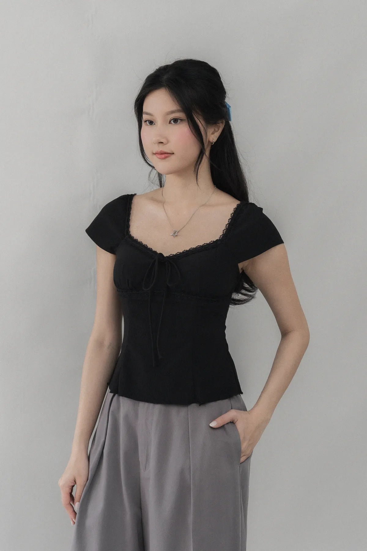 Christine Sleeved Padded Lace Ribbon Top