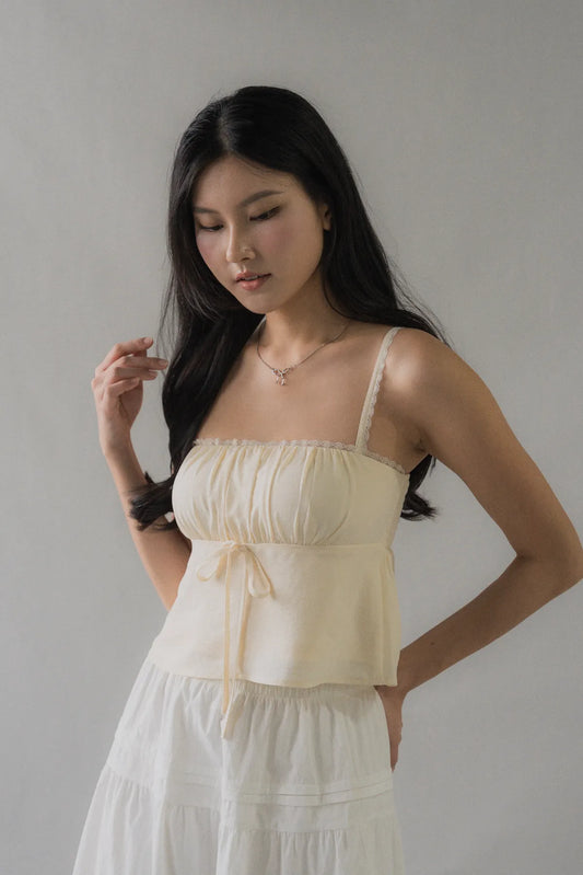 (Backorder) Kiara Lace Trim Ribbon Padded Babydoll Top