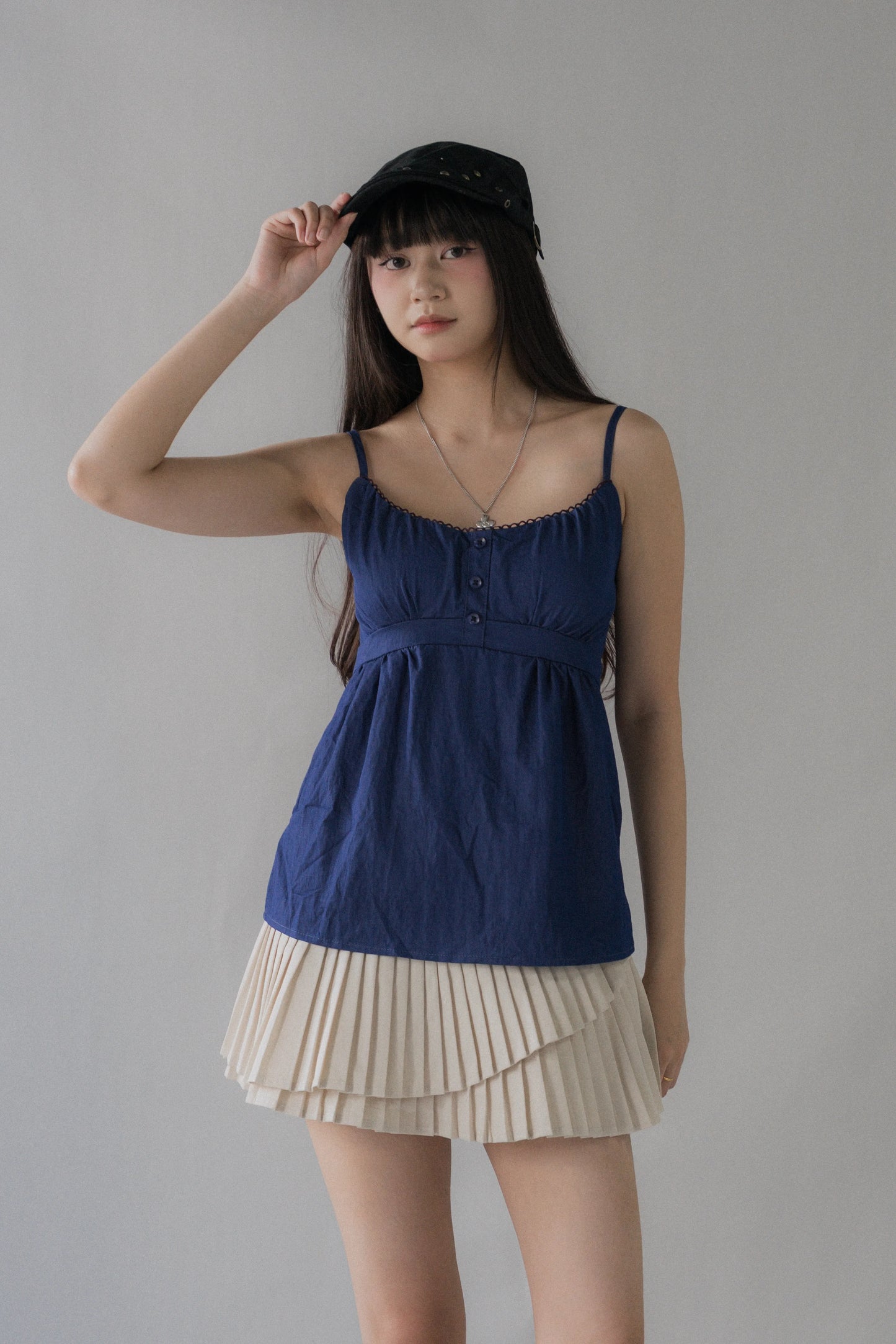 Sydney Scallop Trim Padded Button Tank Top