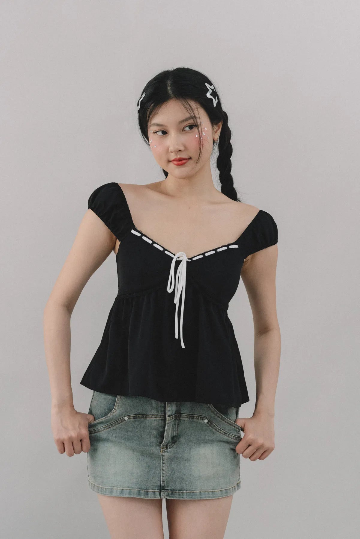 Polly Contrast Trim Padded Sleeved Top