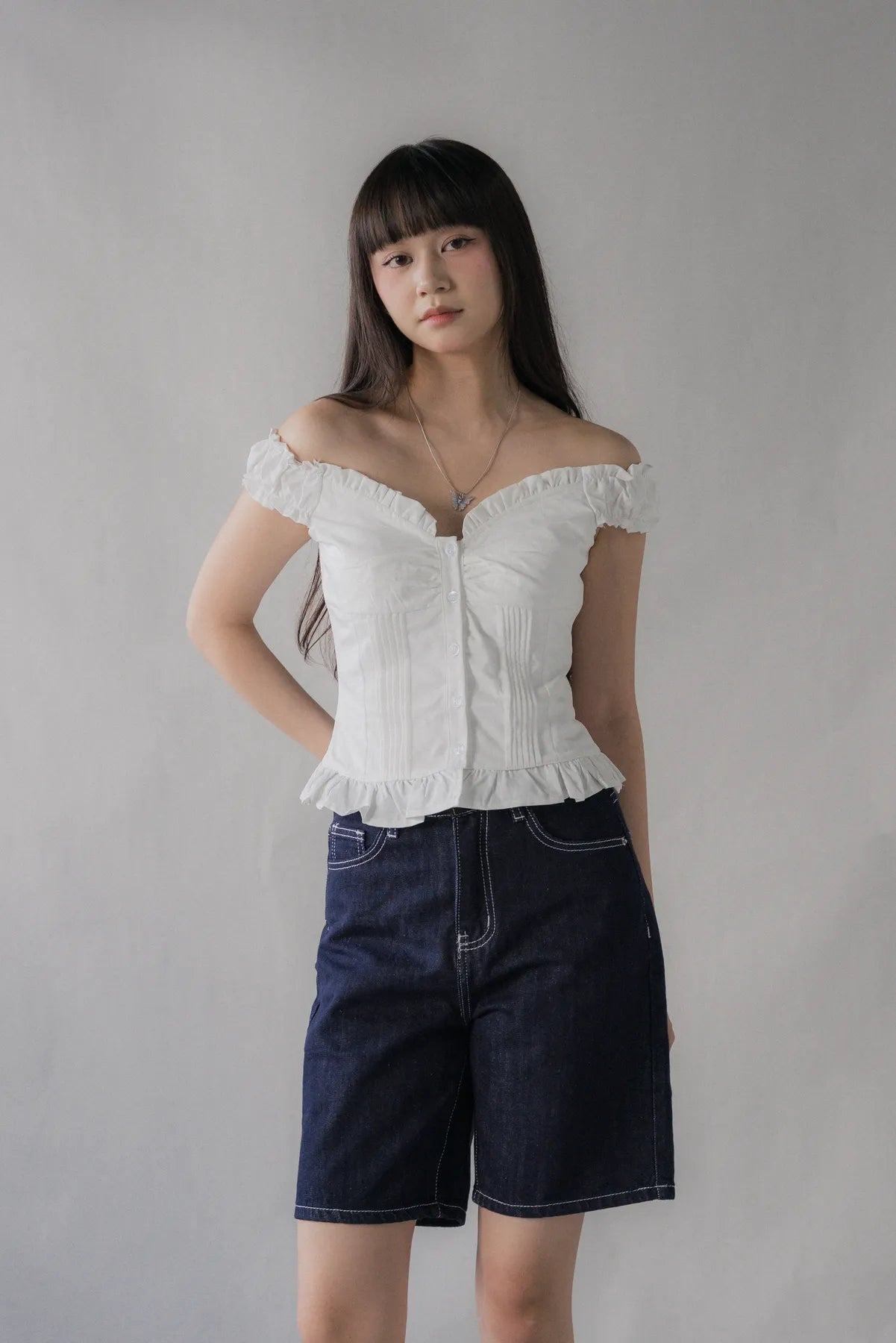 Georgie Pintuck Ruffle Puffed Sleeve Padded Top